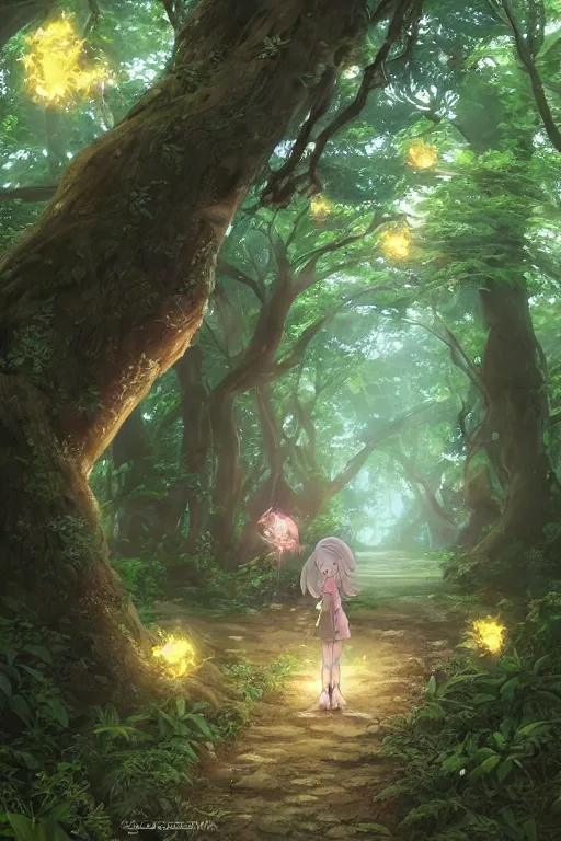 Image similar to forest path, fairy, beautiful ancient trees, hiding large treasure chest, glowing fireflies, serene evening atmosphere, soft lens, soft light, cel - shading, animation, in the style of cgsociety, deviantart, artstation, zbrush, cinema 4 d, studio ghibli, akihiko yoshida, atelier lulua, masamune shirow