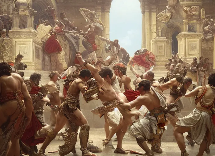 Prompt: a historical depiction of an epic scene at the roman coliseum filled with dueling gladiators, in the style of greg rutkowski, alphonse mucha, digital painting, unreal engine, extremely detailed masterpiece