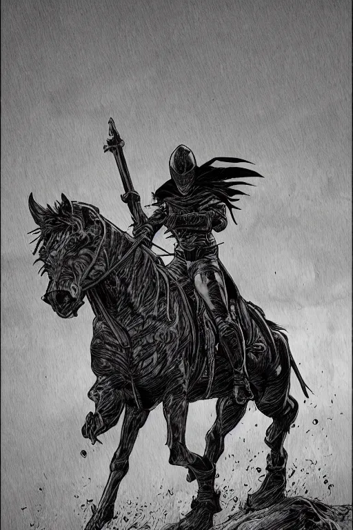 Prompt: full body dark horse rider with hood, posed like frazetta black rider, by moebius and dan mumford, monochrome background, colorful comics style