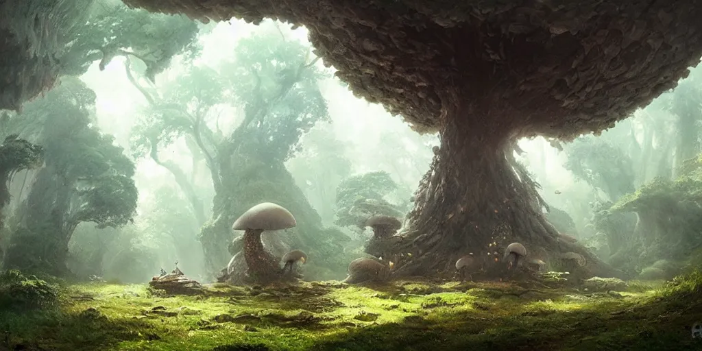 Image similar to an enormous mushroom grows in an eery cave, fantasy, magical lighting, Greg Rutkowski and Studio Ghibli and Ivan Shishkin