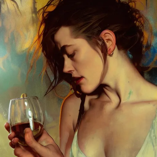 Image similar to hyperrealistic portrait of a woman as amber heard drinking wine in hell by jeremy mann and alphonse mucha, fantasy art, photo realistic, dynamic lighting, artstation, poster, volumetric lighting, very detailed faces, 4 k, award winning