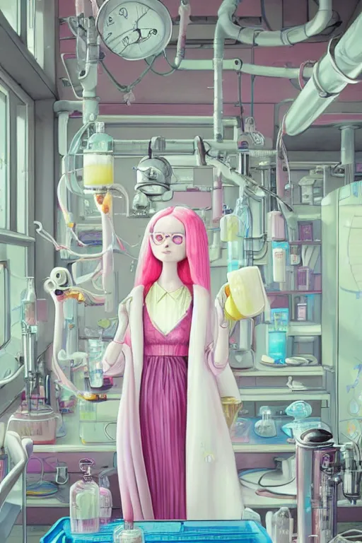 Image similar to highly detailed, cinematic still frame of adult princess bubblegum from adventure time, working in her science lab, wearing lab coat & saftey goggles, long bubblegum hair with long straight bangs, beautiful, attractive, extremely cute, illustration concept art by nicoletta ceccoli, mark ryden, lostfish, detailed and intricate environment, 8 k resolution, hyperrealistic, octane render