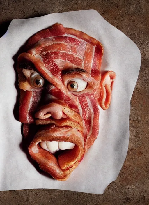 Prompt: bacon in the shape of a human face, human face made out of bacon, kevin bacon made out of bacon, professional food photography, unreal engine