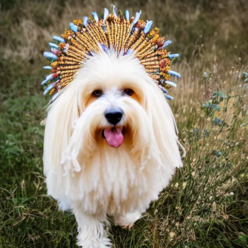 Image similar to cream - colored havanese dog wearing an ornate african necklace, a headpiece made from flowers, soft light colored background, intriguing pose, photo by tyler mitchell