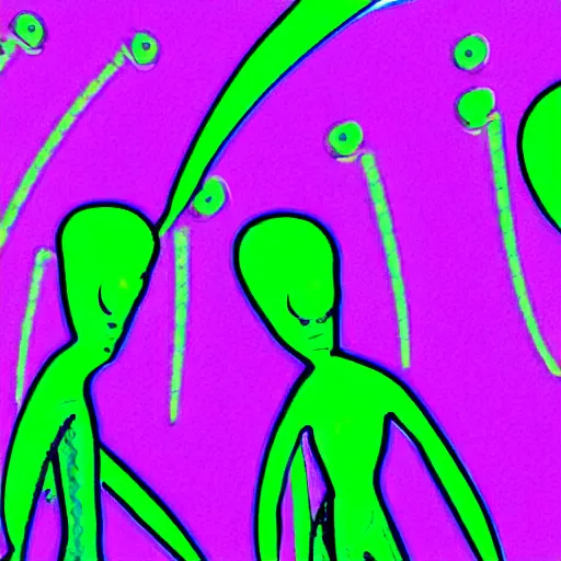 Image similar to illustration of a race of reptilian - esque aliens, in neon colors. the aliens have large antenna - like protrusions from their head.