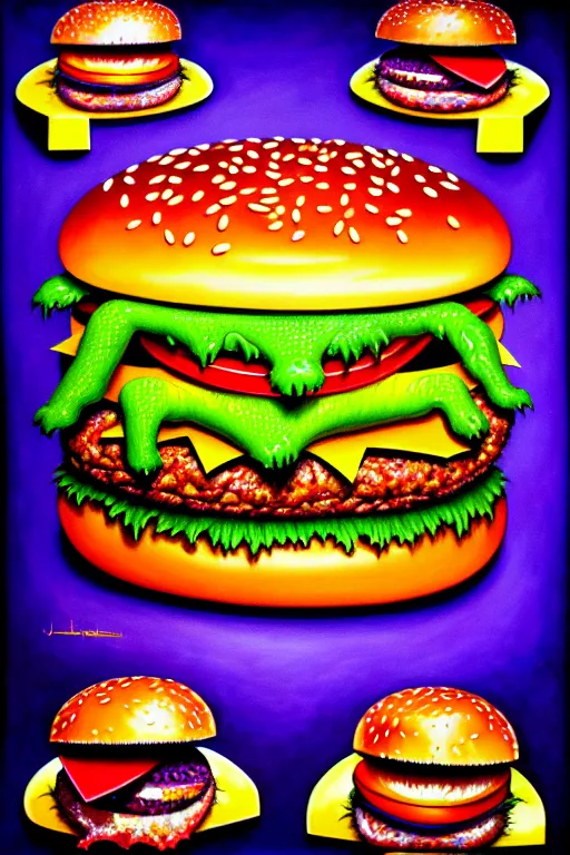 Image similar to a photorealistic painting of an isometric hamburger monster by johfra bosschart, lisa frank, dark fantasy art, high detail, trending on artstation