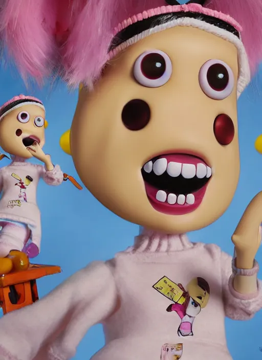 Prompt: a hyperrealistic lowbrow oil panting of a looney kawaii vocaloid figurine caricature with a big dumb goofy grin and pretty sparkling anime eyes featured on Wallace and Gromit by jack davis