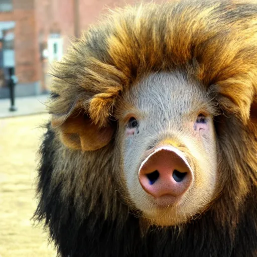 Image similar to pig with lion fur