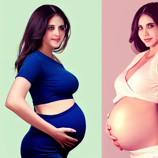 Image similar to beautiful girl with biggest pregnancy ever, full body view, symmetrical face, volumetric lighting, realistic