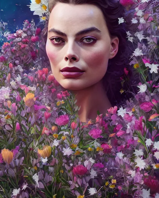 Image similar to portrait of margot robbie, surrounded by flowers by karol bak, james jean, tom bagshaw, rococo, sharp focus, trending on artstation, cinematic lighting, hyper realism, octane render, 8 k, hyper detailed.