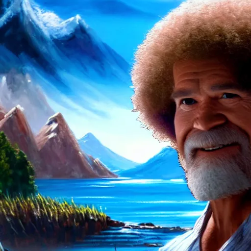 Image similar to a closeup photorealistic photograph of bob ross working on a canvas painting of aquaman. film still. brightly lit scene. mountains and trees. this 4 k hd image is trending on artstation, featured on behance, well - rendered, extra crisp, features intricate detail, epic composition and the style of unreal engine.