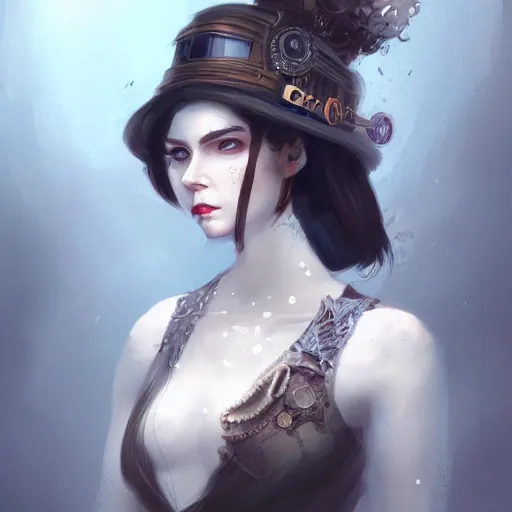 Image similar to character concept portrait of a woman with pale face, steampunk, intricate, elegant, digital painting, concept art, smooth, focus,