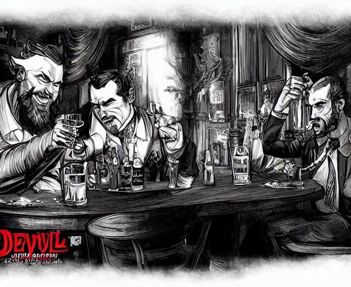 Image similar to a devil monster and a handsome gentleman toasting with whiskey in a pub, black and white and red colors, establishing shot, highly detailed, digital painting, artstation, concept art, smooth, sharp focus, illustration, Unreal Engine 5, 8K, art by artgerm, realistic painting
