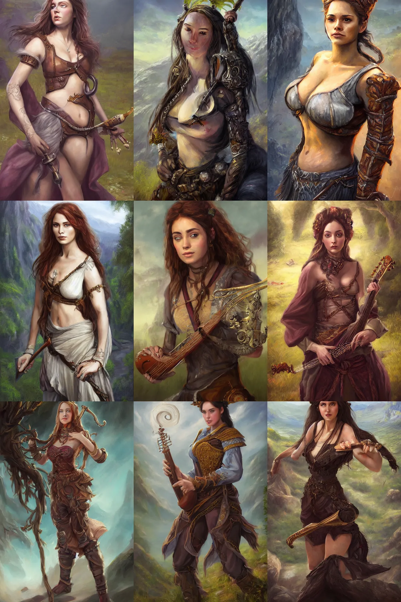 Image similar to a full body high detail fantasy portrait oil painting illustration of a single beautiful bard woman by justin sweet with face and body clearly visible, in a scenic background, pretty eyes, realistic proportions, d & d, rpg, forgotten realms, artstation trending, high quality, sombre mood, artstation trending, muted colours, entire person visible!