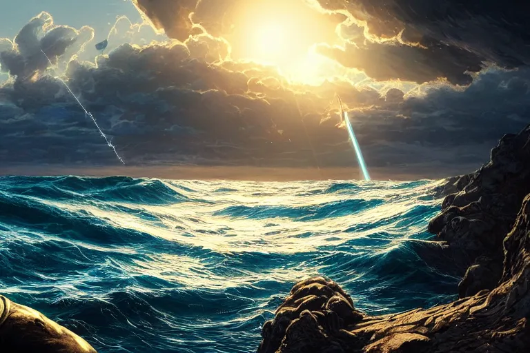 Image similar to detailed intricate digital illustration by greg rutkowski and artgerm and wlop and sanford robinson gifford ; nuclear bomb radiating bright, blinding lens flare across the horizon of a serene ocean, beautiful, glistening water and waves ; 1 3 mm film, arri alfa anamorphic lens, golden hour lighting ; sharp focus ; trending on artstation 8 k