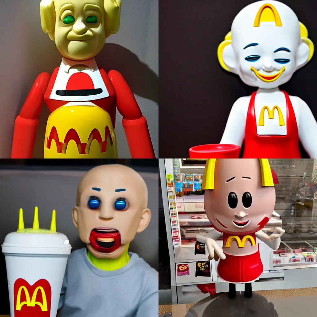 Prompt: a creepy McDonalds plastic toy that scares little children