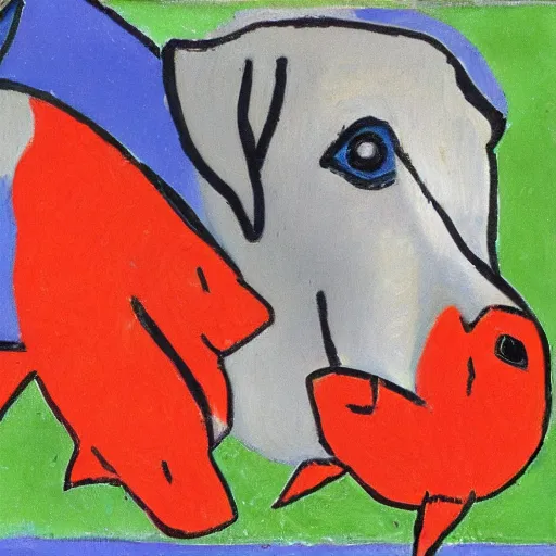 Image similar to dog with red fishes, by matisse, oil on canvas
