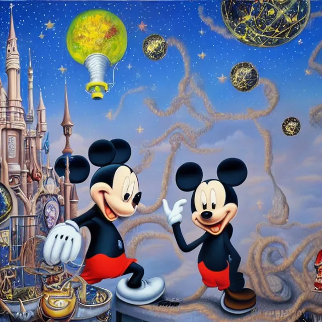 Prompt: an oil on canvas portrait painting of mickey mouse and trump, surrealism, surrealist, cosmic horror, rob gonsalves, high detail