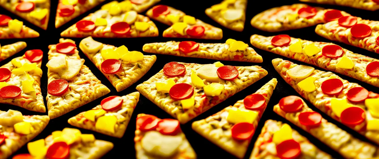 Prompt: hyperrealistic pizza slices and chicken nuggets pop art walter battiss dramatic yellow lighting low angle hd 8k sharp shallow depth of field