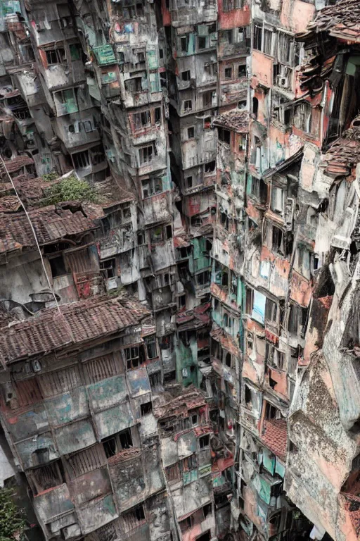 Prompt: long shot of a robot climbing up the side of kowloon walled city, photograph of a climbing robot