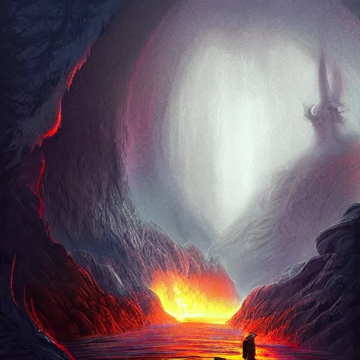 Prompt: Digital art by Anato Finnstark. Gandalf stands on a narrow bridge in the dwarven mines. A Balrog a creature of flame and shadow roars at him.