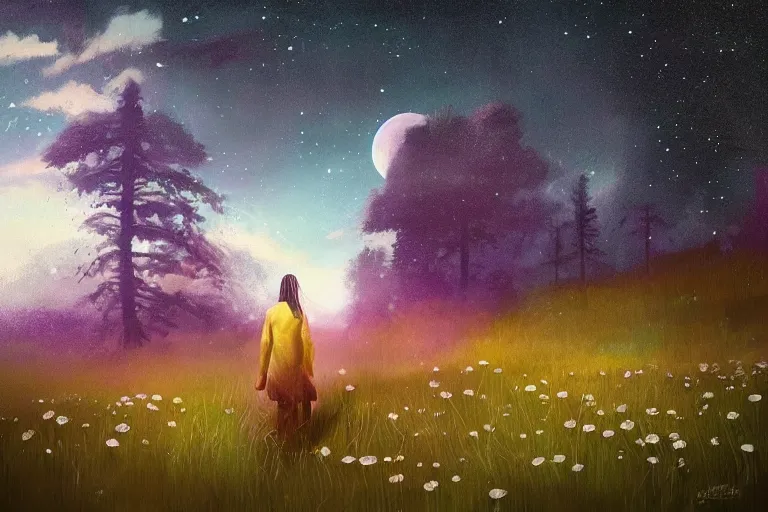 Image similar to huge daisy flower over head, girl walking in forest, surreal photography, dark night, stars, moon light, impressionist painting, clouds, digital painting, artstation, simon stalenhag