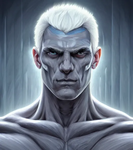 Image similar to symmetry portrait of a tall warrior with grey hair and big muscles, light blue eyes and body full of scars, his skin in extremely white and grim looking, mysterious ultra detailed, intricate, anime, dynamic lighting, digital art, digital painting, art station, wlop, sharp focus, illustration, art by artgerm and greg rutkowski and alphonse mucha