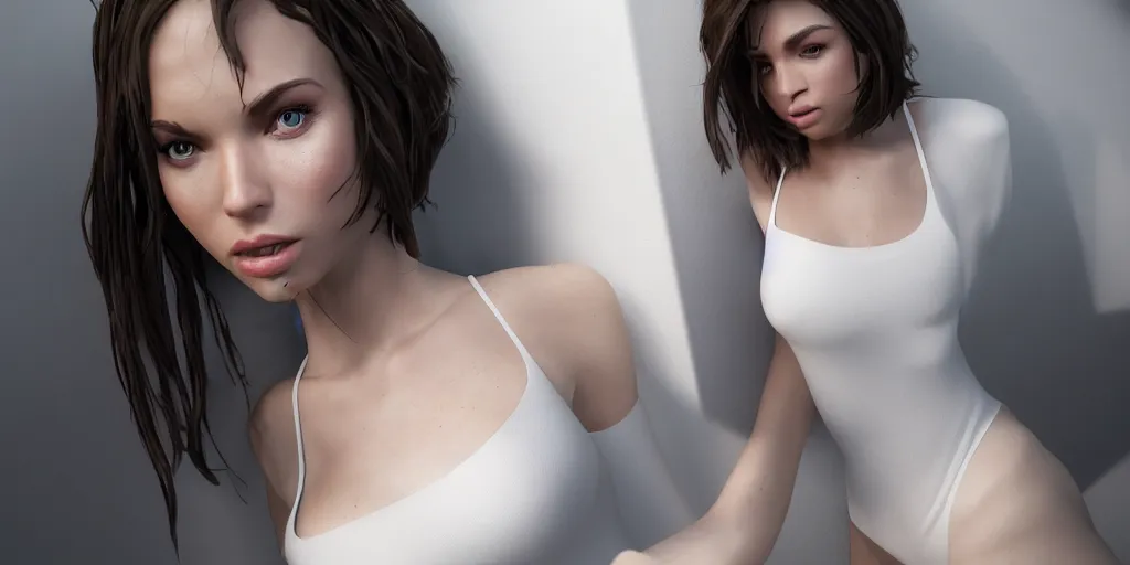 Image similar to layla from mobilee legends, unreal 5, hyperrealistic, realistic, photorealistic, dynamic lighting, white ambient background, highly detailed, studio potrait, studio lighting