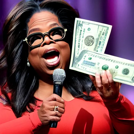 Prompt: oprah screaming, holding dollar bills, in studio