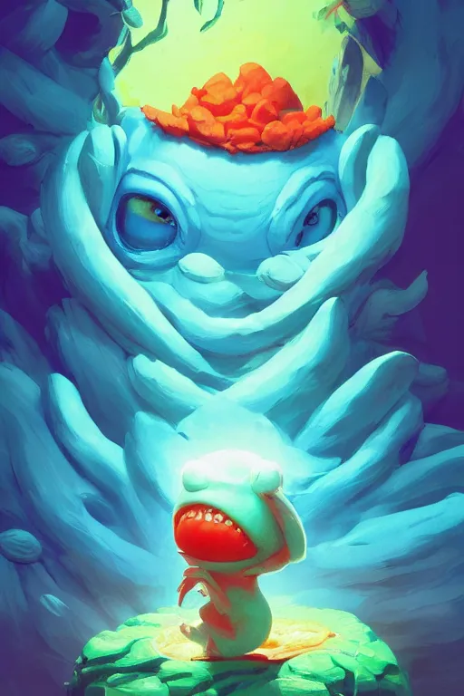 Image similar to smurf ghost creature animal sushi cristal very big eye roots cactus elemental flush of force nature micro world fluo fishscale, behance hd by jesper ejsing, by rhads, makoto shinkai and lois van baarle, ilya kuvshinov, rossdraws radiating a glowing aura global illumination ray tracing hdr