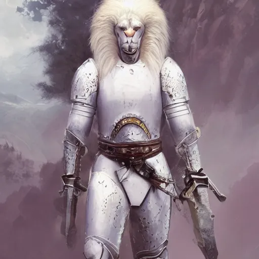 Image similar to a beautiful award winning commission of an anthro albino lion dressed in knight armour,digital art,art by greg rutkowski,character design by charles bowater,ross tran,photorealistic,highly detailed,detailed face,4k,dramatic,deviantart,artstation