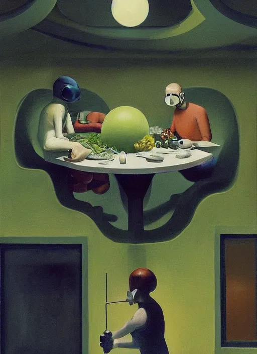 Image similar to spherical people with gas masks at restaurant overgrown with vegetation in the style of Edward Hopper and James Gilleard, Zdzislaw Beksinski, open ceiling, highly detailed, painted by Francis Bacon, painted by James Gilleard, surrealism, airbrush, Ilya Kuvshinov, WLOP, Stanley Artgerm, very coherent, art by Takato Yamamoto and James Jean