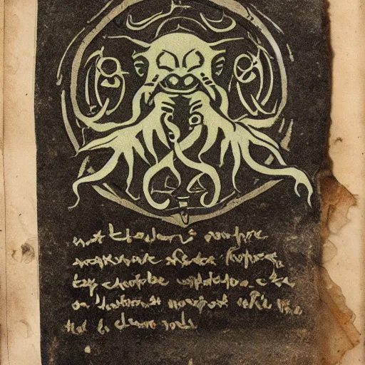 Prompt: tattered parchment with cthulhu characters written on it