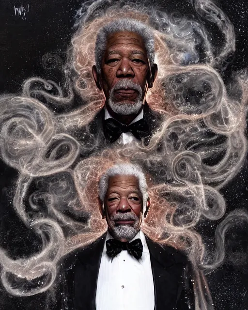 Prompt: a highly detailed portrait of Morgan Freeman as a devious male magician radiating a powerful energy aura, ornate back tuxedo, wispy tendrils of smoke, swirling vortex of energy, performance art, intricate, digital painting, old english, raining, sepia, particles floating, whimsical background by marc simonetti, art by artgerm and greg rutkowski and alphonse mucha