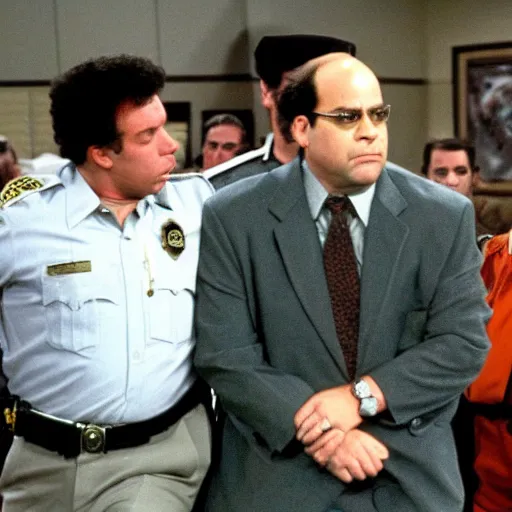 Image similar to 8k photo George Costanza being arrested by Kramer on an episode of Seinfeld,