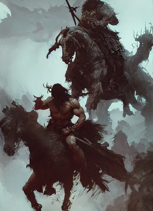 Image similar to conan the barbarian, intricate, elegant, highly detailed, vivid colors, john park, frazetta, sparth, ruan jia, jeffrey catherine jones