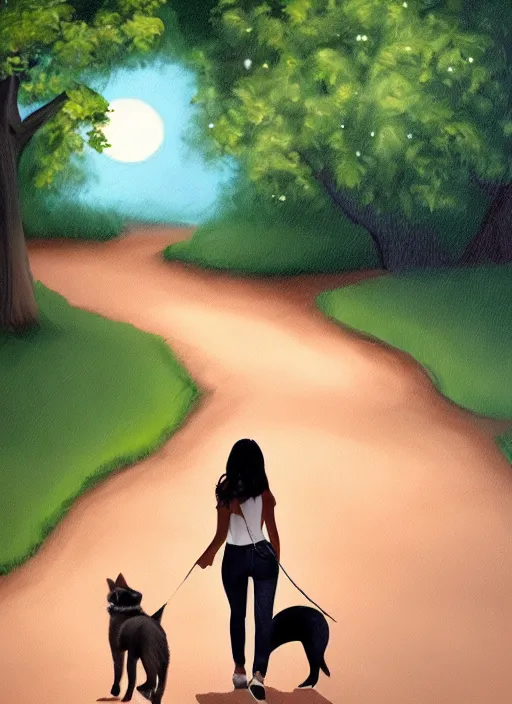 Image similar to young beautiful brown woman walking with her dog in a park in Merida Mexico at night with a full moon, illustration, photoreal, fantasy, trending. masterpiece work of art . oil on canvas. Digitally painted. Realistic. 3D. 8k. UHD.