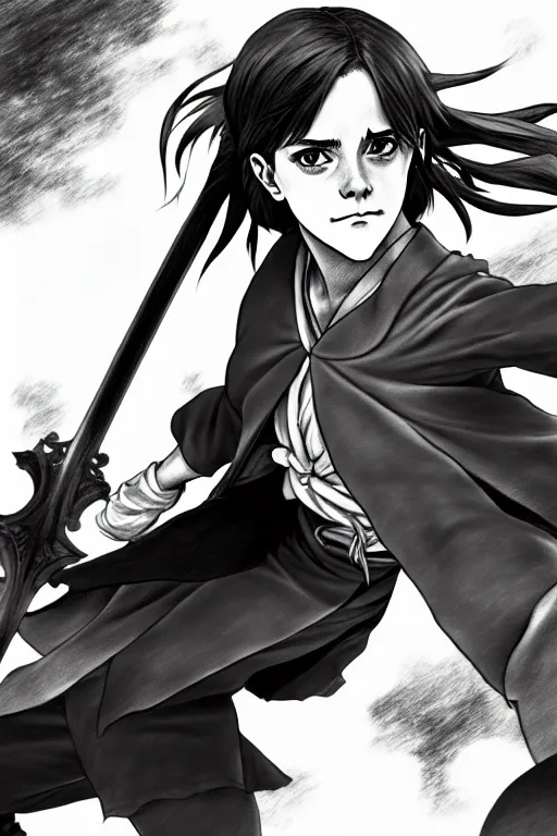 Prompt: a very detailed pencil drawing of emma watson in demon slayer manga panel 4 k, high resolution, dynamic pose, landscape, hd, full body, action, sword, hyper realistic, manga, koyoharu gotouge,