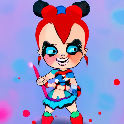 Prompt: baby harley quinn caricature with pigtail in hair like pebbles flintstones playing with a magic wand, full body, big head, large smile, pixar style, 4 k trending on artstation