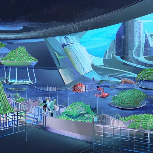 Prompt: Illustration of a futuristic city inside an aquarium