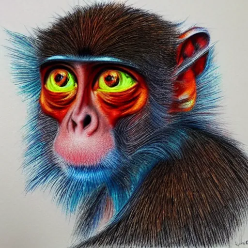 Prompt: Colored pencil art on paper, Inferno Flame Monkey, highly detailed, artstation, MasterPiece, Award-Winning, Caran d'Ache Luminance