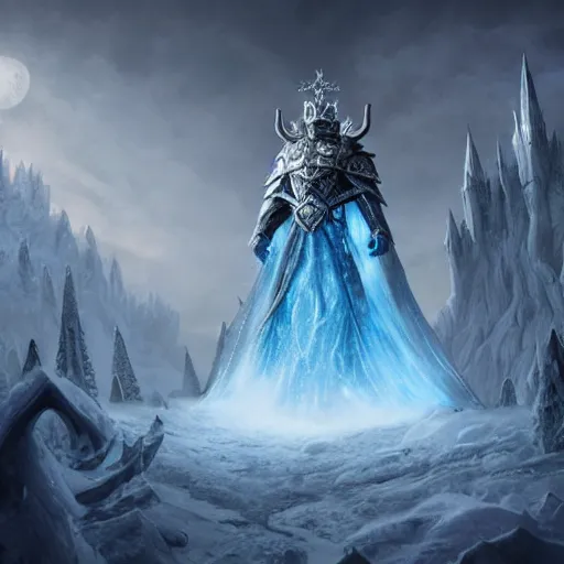 Prompt: a matte painting of the lich king wearing a crown made of ice, frozen, world of warcraft, digital art, fantasy, realistic lighting, in the style of greg rutkowski