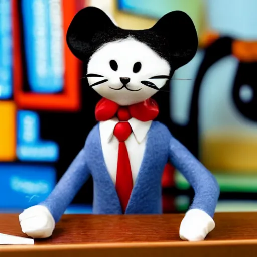 Image similar to a happy and contented cat wearing a business suit, sitting behind desk, selling insurance, disney character, cartoonish, colorful, detailed, claymation, dreamlike, felt, wes anderson