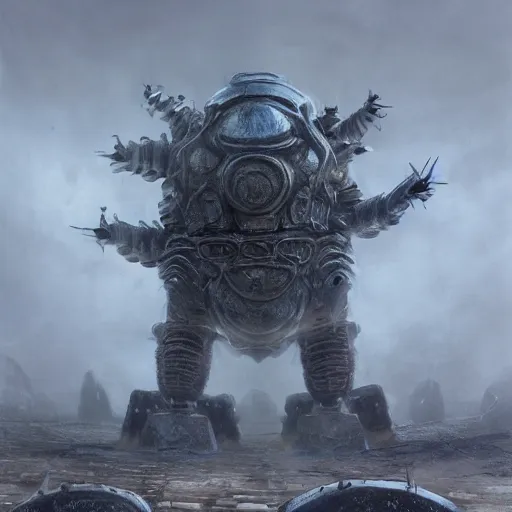 Image similar to giant armored ashigaru beetle war construct golem, glowing gnostic brian froud markings, magic and steam - punk inspired, in an ancient stone circle on a plateau in a blizzard, kanji markings, concept painting by jessica rossier, hr giger, john berkey