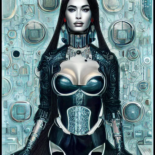 Image similar to the portrait of an elegant, sophisticated, fashionable ottomanpunk robotess idol, an ultrafine illustration of young half arab megan fox mix by kim jisu, intricate linework, neon wiring, fashion, porcelain skin, unreal engine 5 highly rendered, global illumination, radiant light, detailed and intricate environment, by rutkowski, artgerm, marvel comics