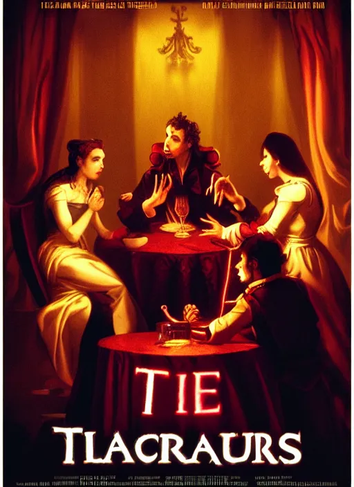 Image similar to movie poster with three vampires sitting around a table, baroque style, neon lights in the background, dramatic light