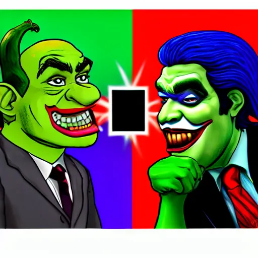 Image similar to photograph of a presidential debate between the Joker and Shrek. 8k resolution. hyperrealism.