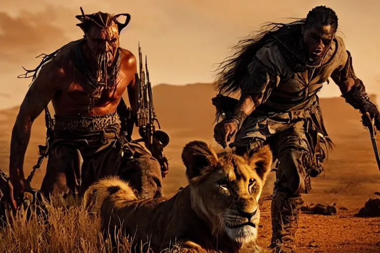 Image similar to scar ( from the lion king ), heavily armed and armored facing down armageddon in a dark and gritty reboot from the makers of mad max : fury road : witness me