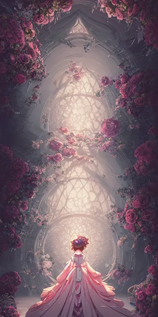 Image similar to the beautiful hyperdetailed physical rendering of a single rose wedding gothic lolita dress clothing design display in exhibition hall, perfectly shaded, atmospheric lighting, in the style of makoto shinkai victo ngai and peter mohrbacher studio ghibli artgerm stanley artgerm lau wlop rossdraws beeple, surrealistic style, 8 k hd, 3 drender