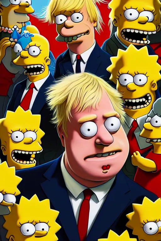 Image similar to Boris Johnson as a Simpsons character, realistic portrait, symmetrical, highly detailed, digital painting, artstation, concept art, smooth, sharp focus, illustration, cinematic lighting, art by artgerm and greg rutkowski and alphonse mucha